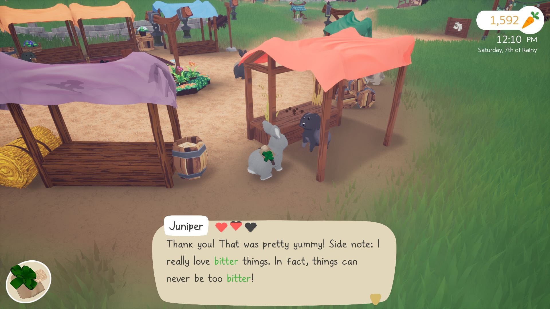 Screenshot from the game. The player talks to Juniper, a black merchant rabbit.