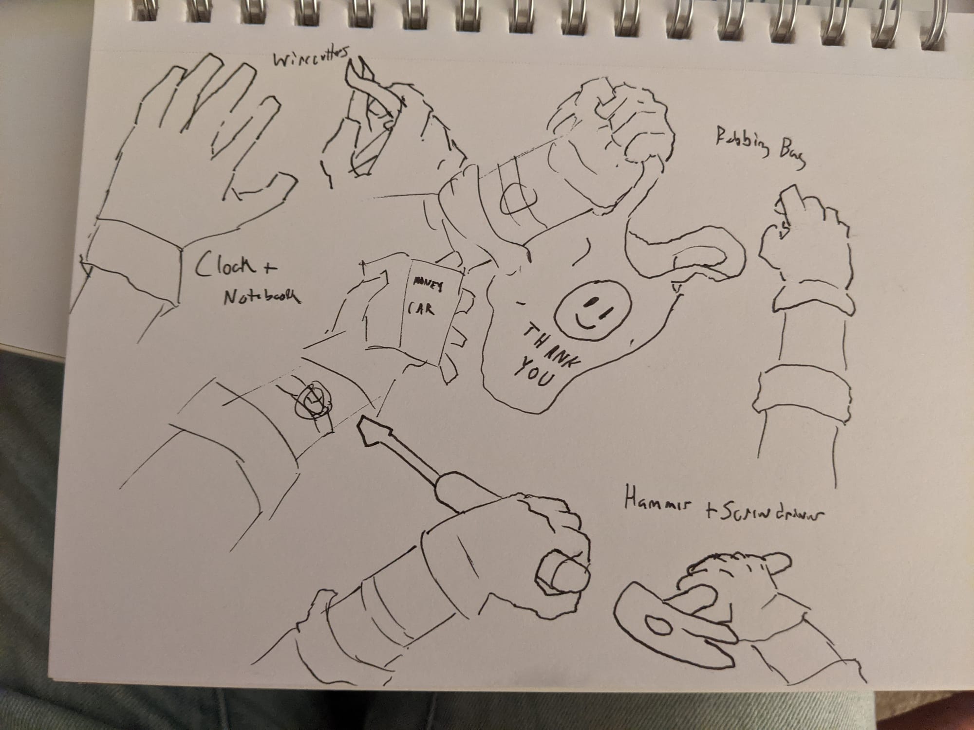 A sketchbook page filled with drawings of the player's hands holding various tools and a bag.