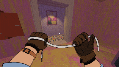 A gif of the player walking through a house and tying up the homeowner with a shoelace.