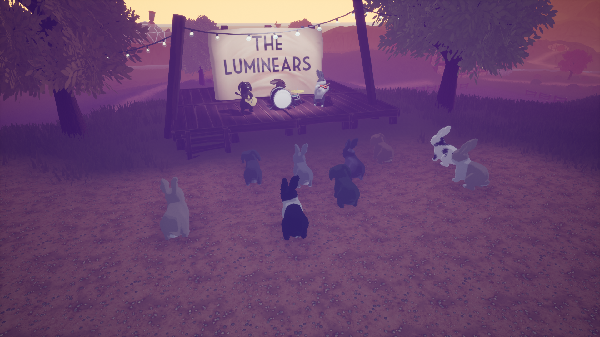 Screenshot from the game. Bunnies watch a bunny band called The Luminears.