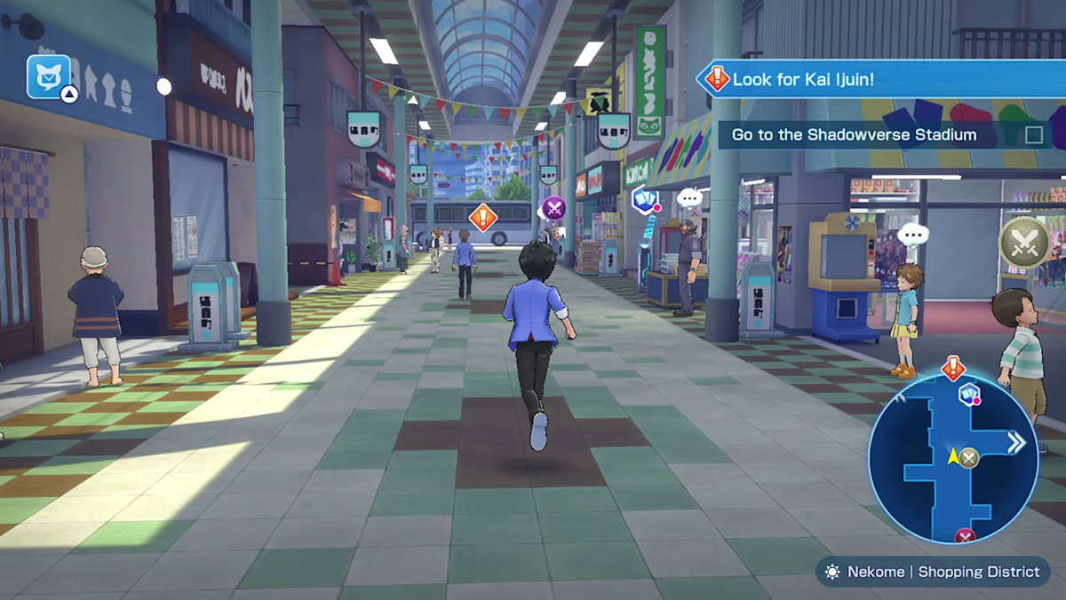 Image is the player character running in the game's shopping district. The top right screen shows the story quests "Look for Kai Ijun!" and "Go to the Shadowverse Stadium." 