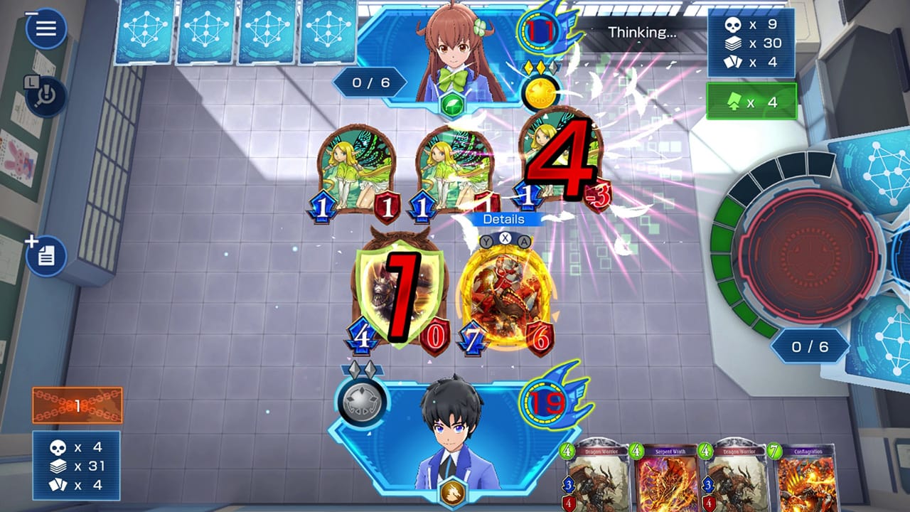 Image is showing the battle field of Shadowverse Champion's Battle, showing the player with two cards being attacked by an opponent with three cards.