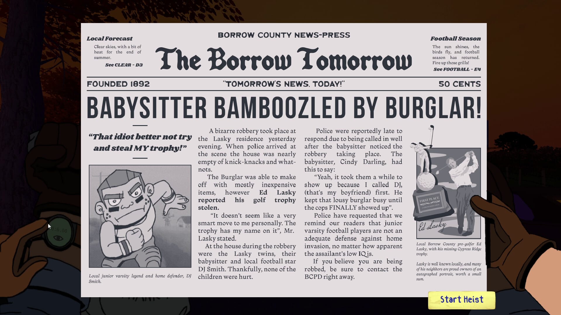 Screenshot. A newspaper headline reads "BABYSITTER BAMBOOZLED BY BURGLAR!"
