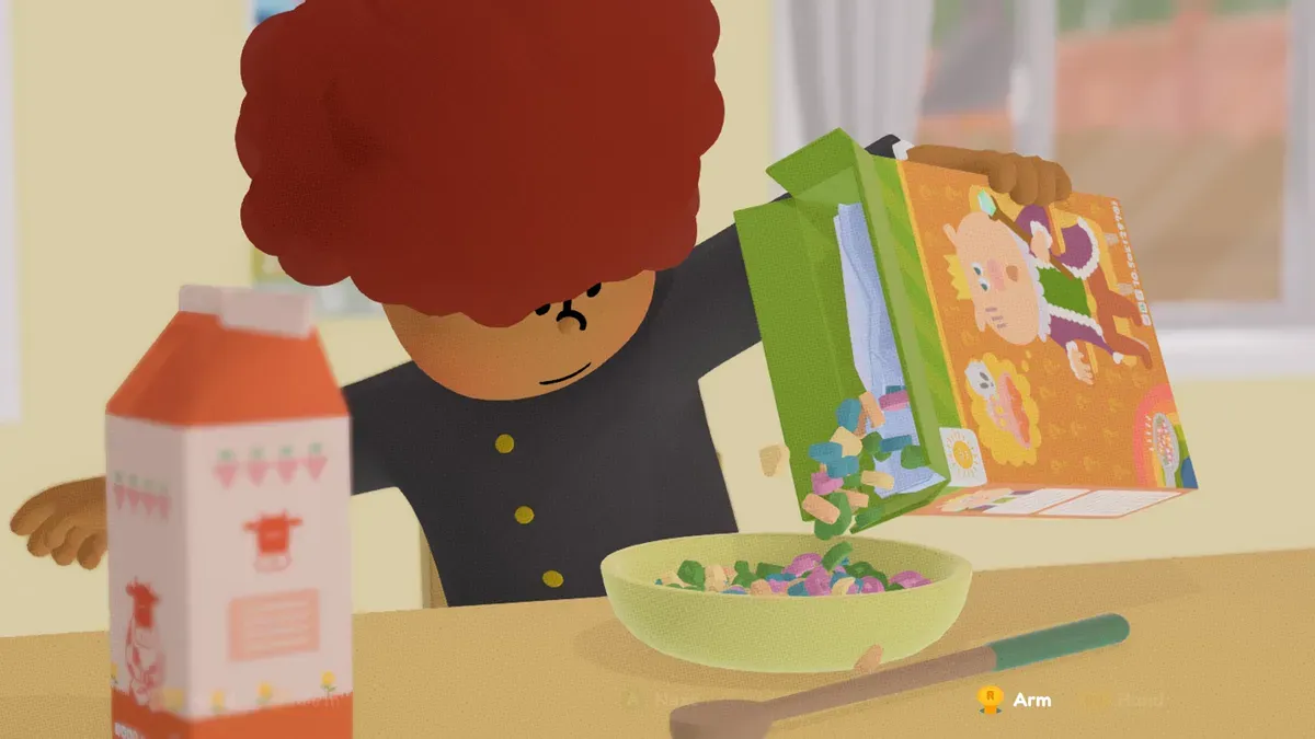 Teen is pouring a bowl of cereal. An extra-long spoon is next to the bowl