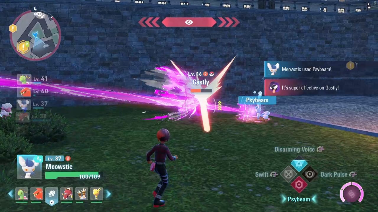 A Pokémon Legends Z-A screenshot featuring the player character, their Meowstic and an enemy Gastly engaging in battle. The move Psybeam is used and Gastly's HP is reaching 0.