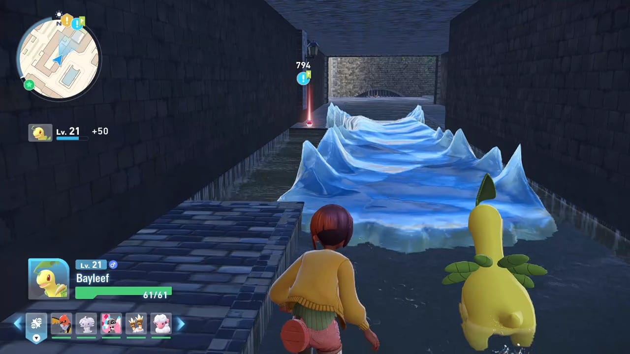 A Pokémon Legends Z-A screenshot featuring the player character and a Bayleef looking at an ice bridge connecting two areas.