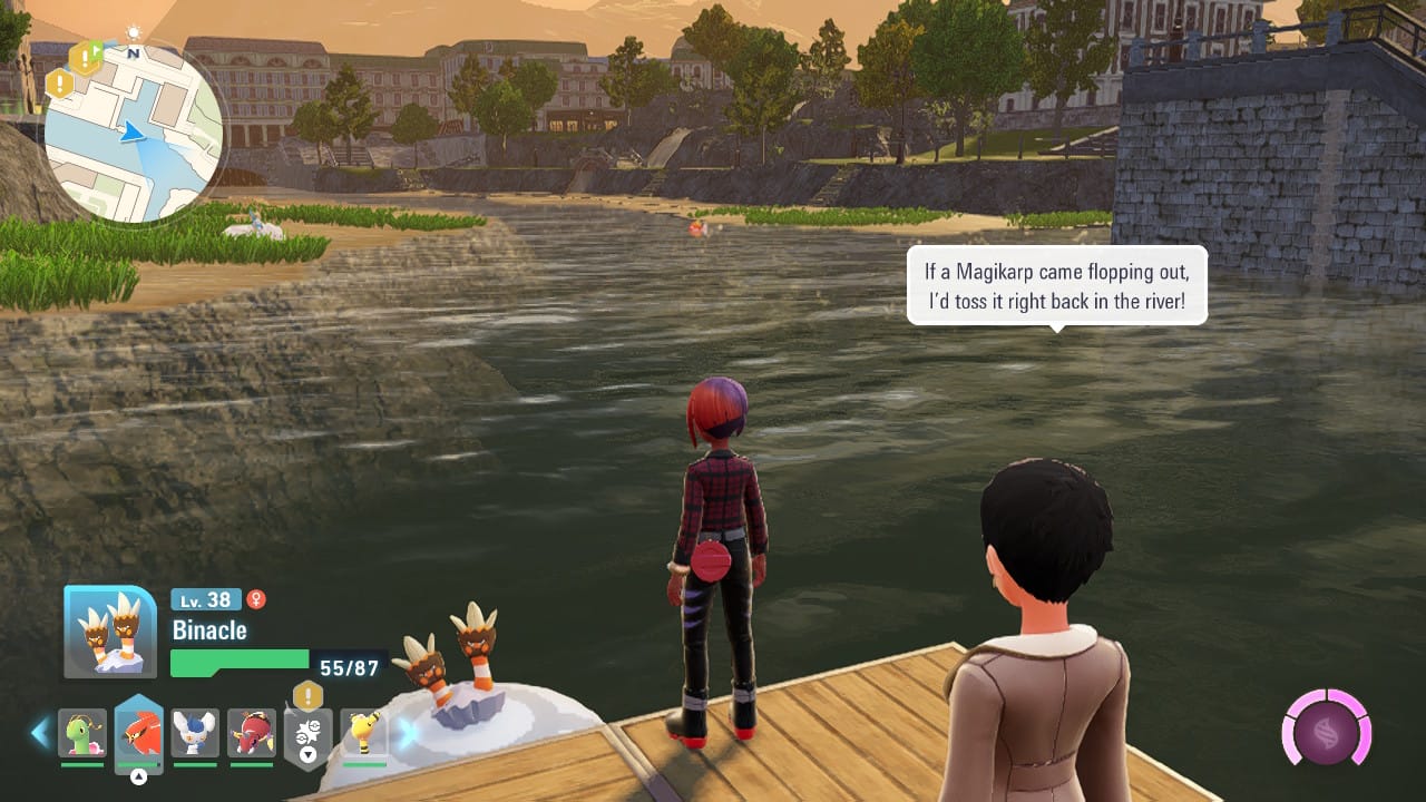A Pokémon Legends Z-A screenshot featuring the player character, a Binacle and an NPC looking at a river. An Altaria can be seen on the other side, but there's no way to cross.