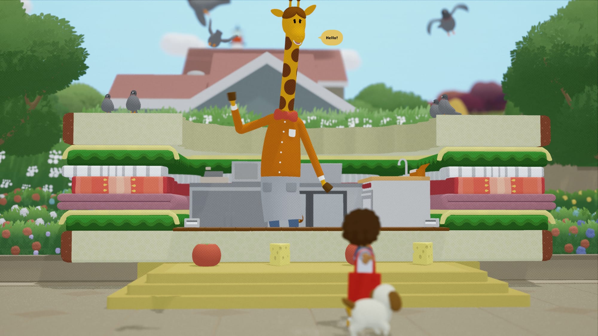 Teen and their dog is at the sandwich shop, the giraffe that owns the shop is waving hello