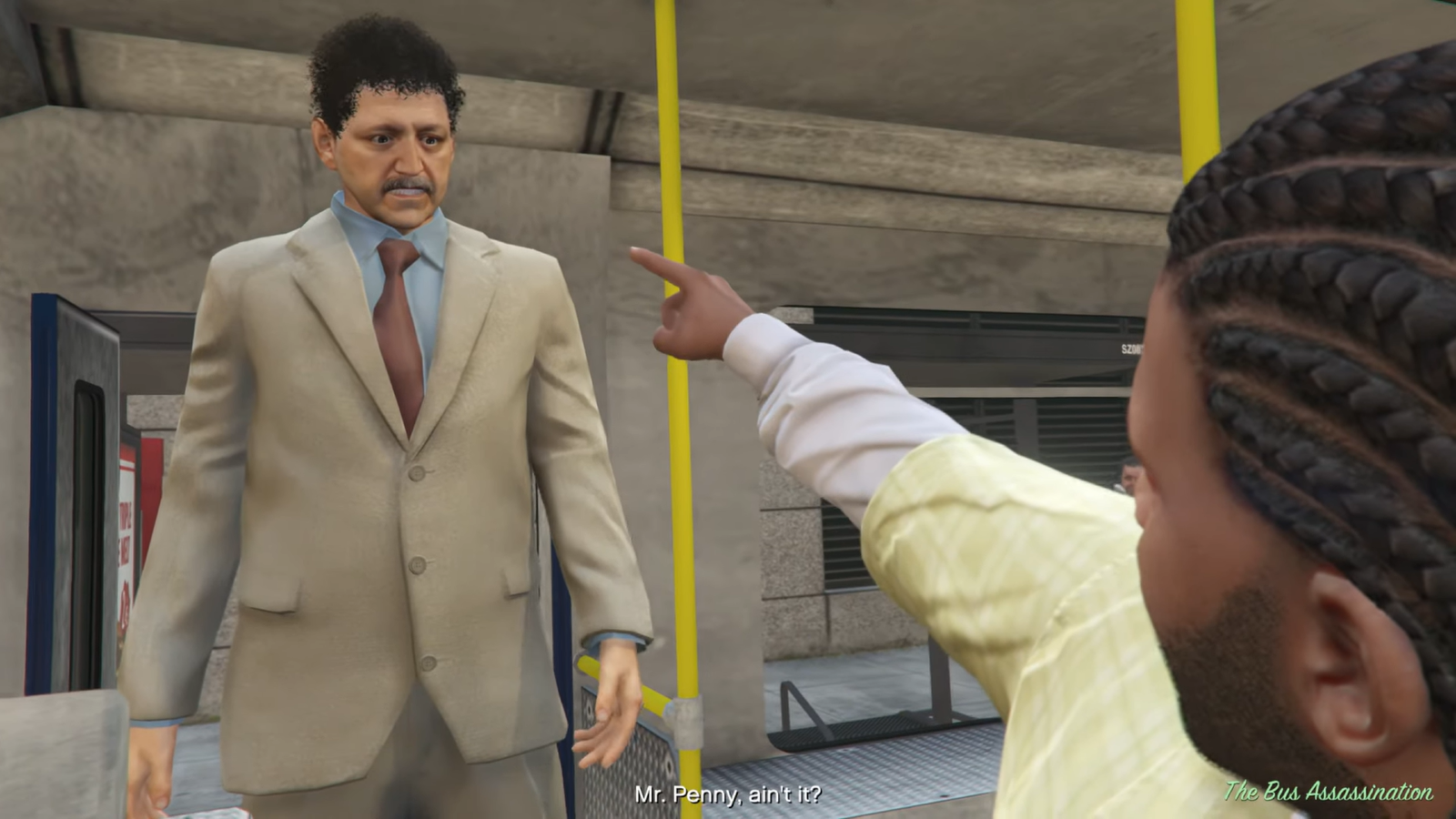 Franklin identifies a CEO he's been hired to kill on a bus.