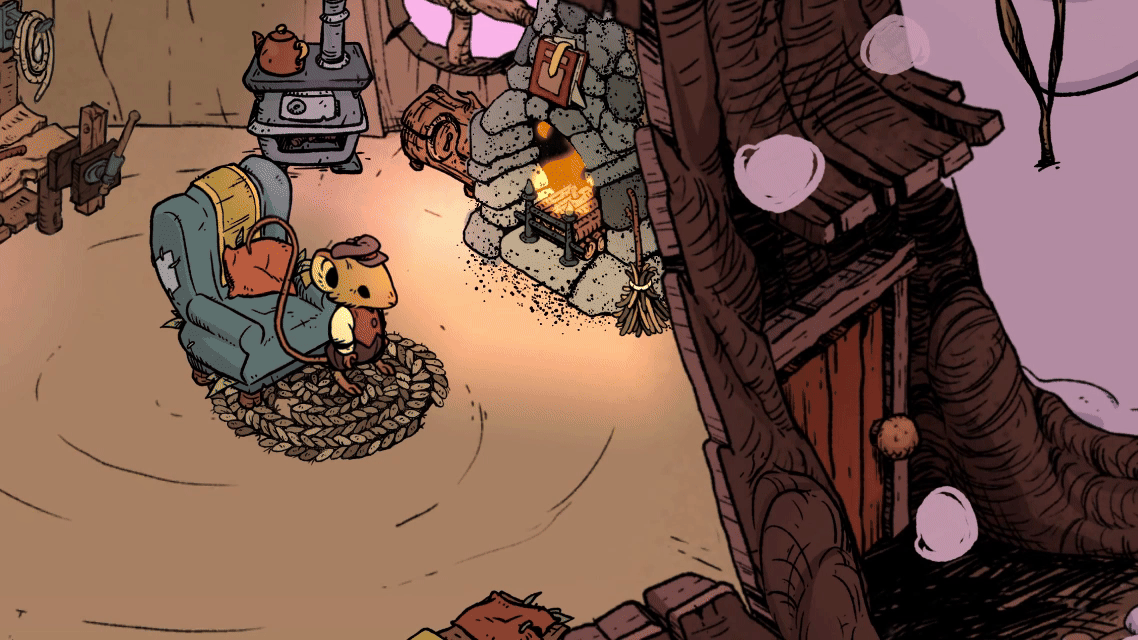 The mouse goes to the fireplace in his house as it snows outside.