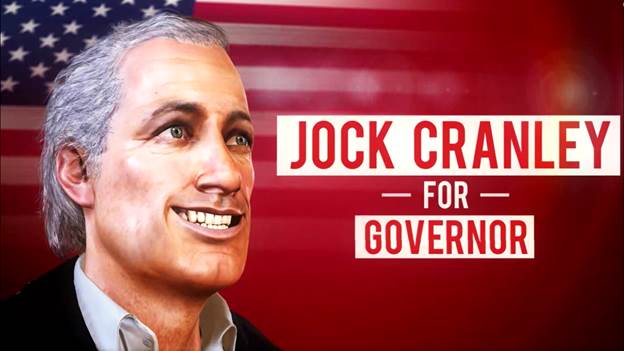 A demonic grinning Jock Cranley stands in front of an American flag with the text "Jock Cranley for governor."