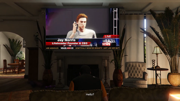 Tech mogul Jay Norris answers a phone call on tv.