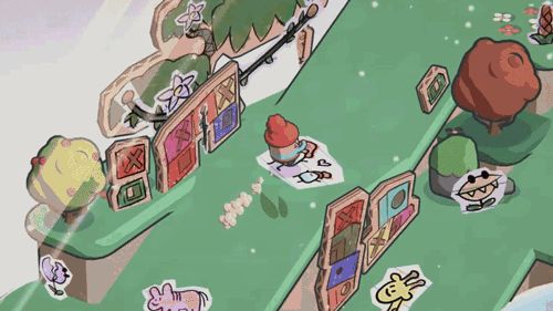 Young Tyke runs around a dream version of Pine Hearts full of cardboard drawings.