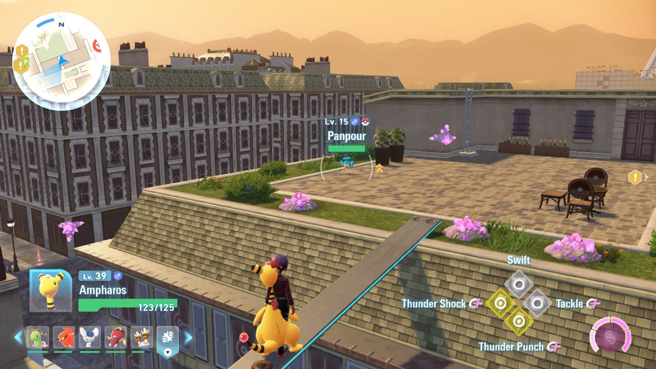 A screenshot of the player and their Ampharos moving between ceiling areas while targeting a Panpour.