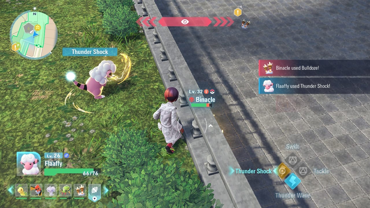 Screenshot of a battle, the protagonist and Flaaffy hold the upper ground while using Thunder Shock to hit a Binacle from afar.