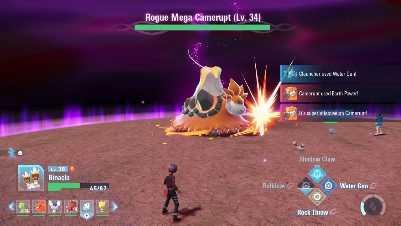 Rogue Mega Camerupt battle screenshot, the player uses a Binacle to fight it. The Bulldoze move is recharging.
