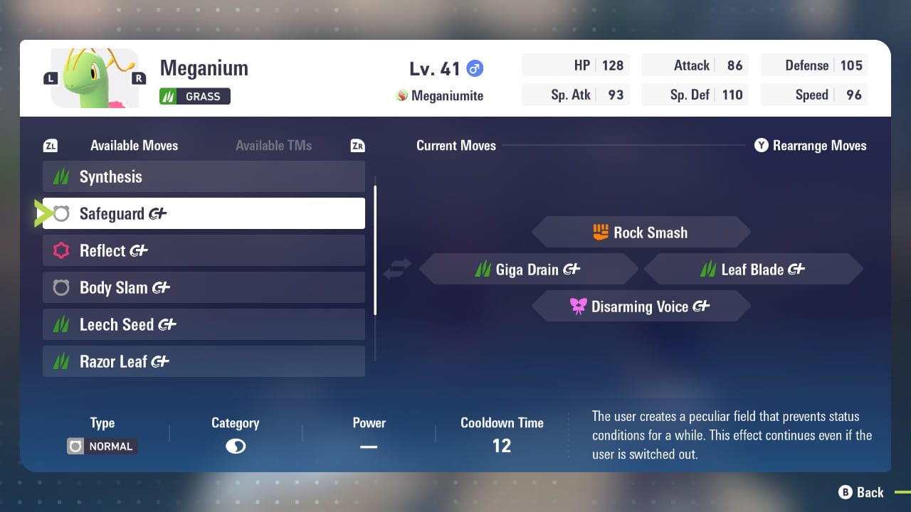 A Pokémon Legends Z-A screenshot featuring the move menu for a level 41 Meganium. Various moves that it has learned are listed on one side, while the other shows the four "current moves."