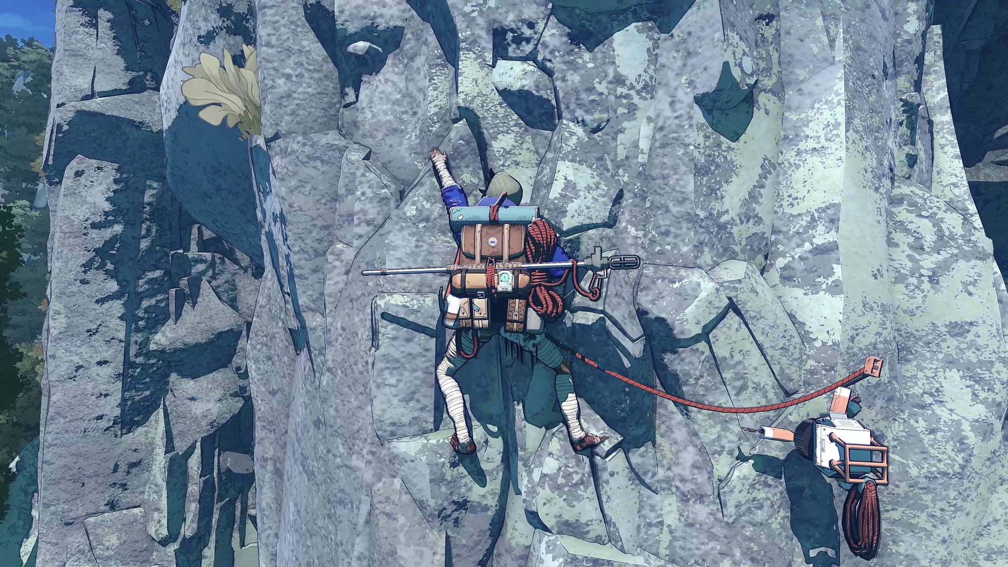 A climber free climbs a sheer, jagged cliff with a backpack full of equipment.