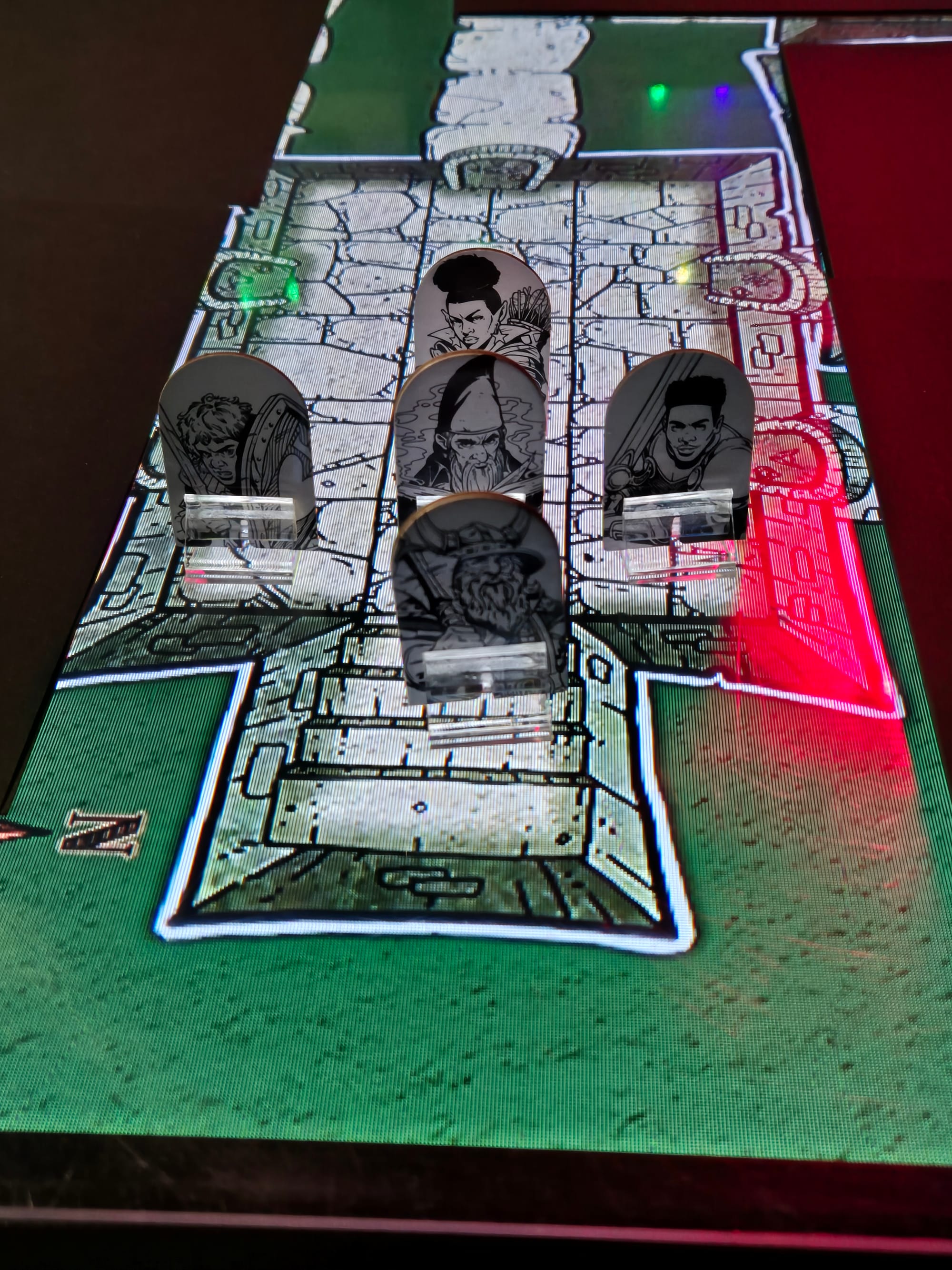 A classic D&D table map with standees of the various characters.