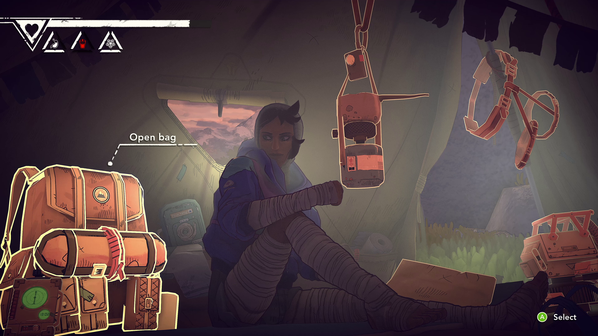 The camp menu; the climber sits in a small tent surrounded by equipment. Their backpack is highlighted.