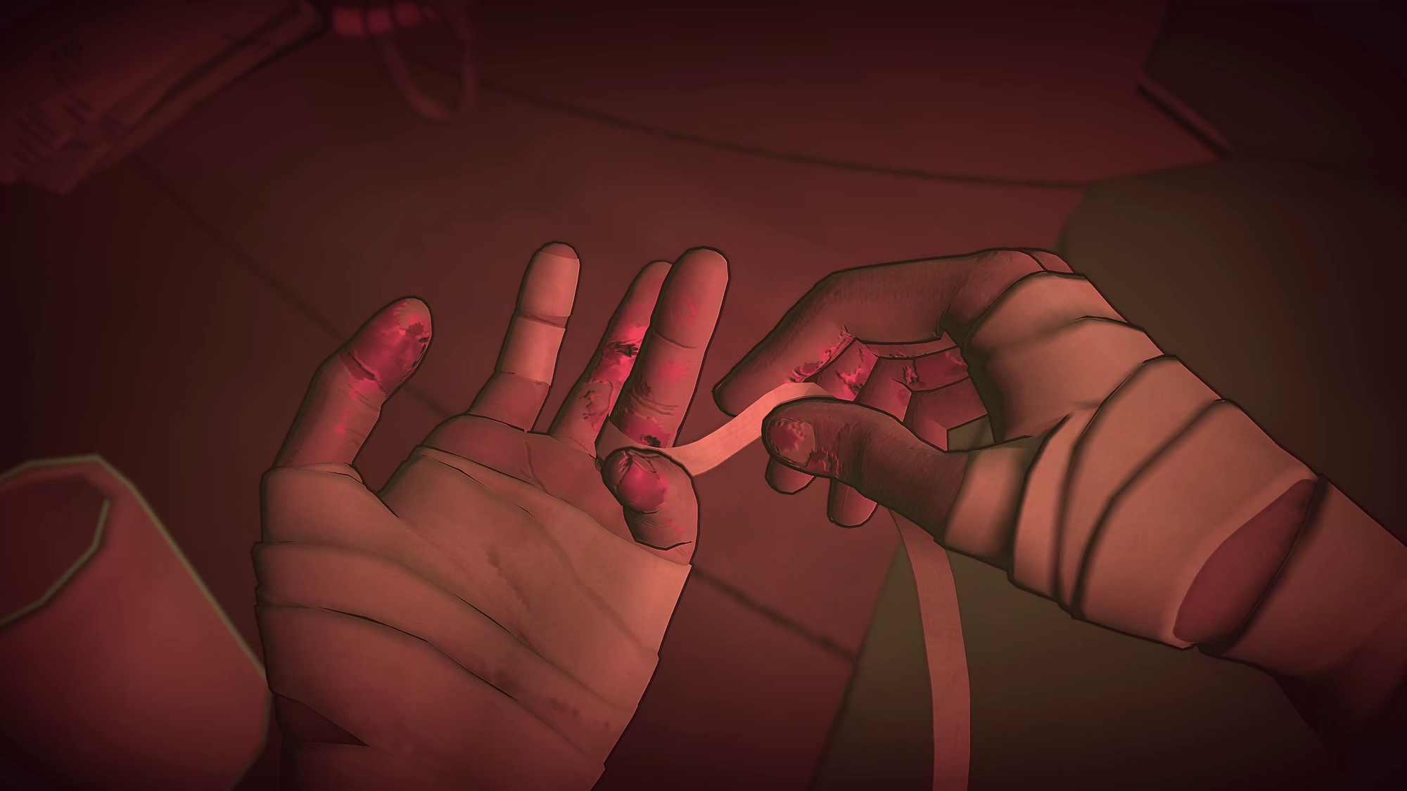 A pair of rough, blistered hands being wrapped in bandages.