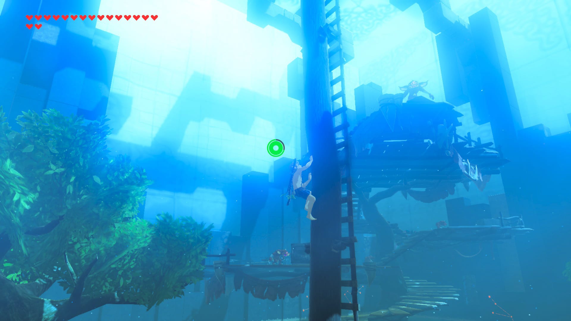 Link climbs a tall wooden pole on the opposite side of a ladder during the sword trials.