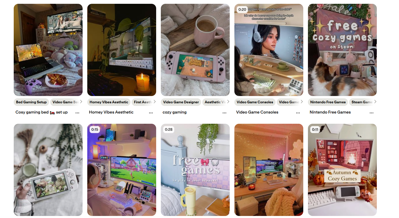 A screenshot of Pinterest showing ten posts in the #cozygamingaesthetic tag.