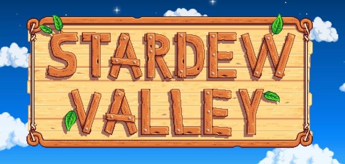 The logo for Stardew Valley. A wooden sign with letters composed of wooden planks that reads "Stardew Valley."