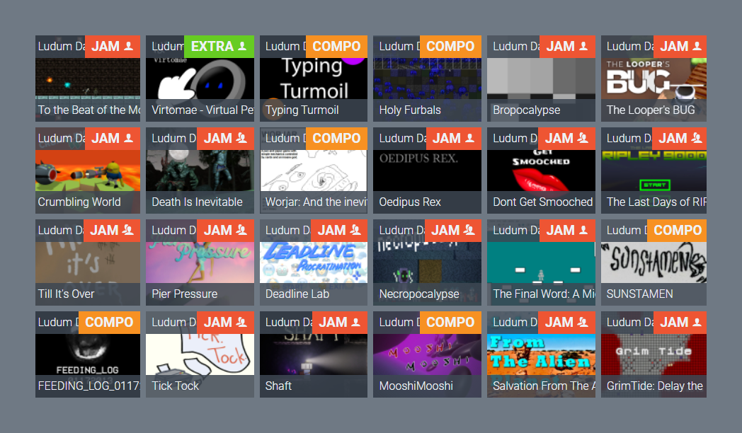 A screenshot of the Ludum Dare website where you can see a lot of games with their title images.