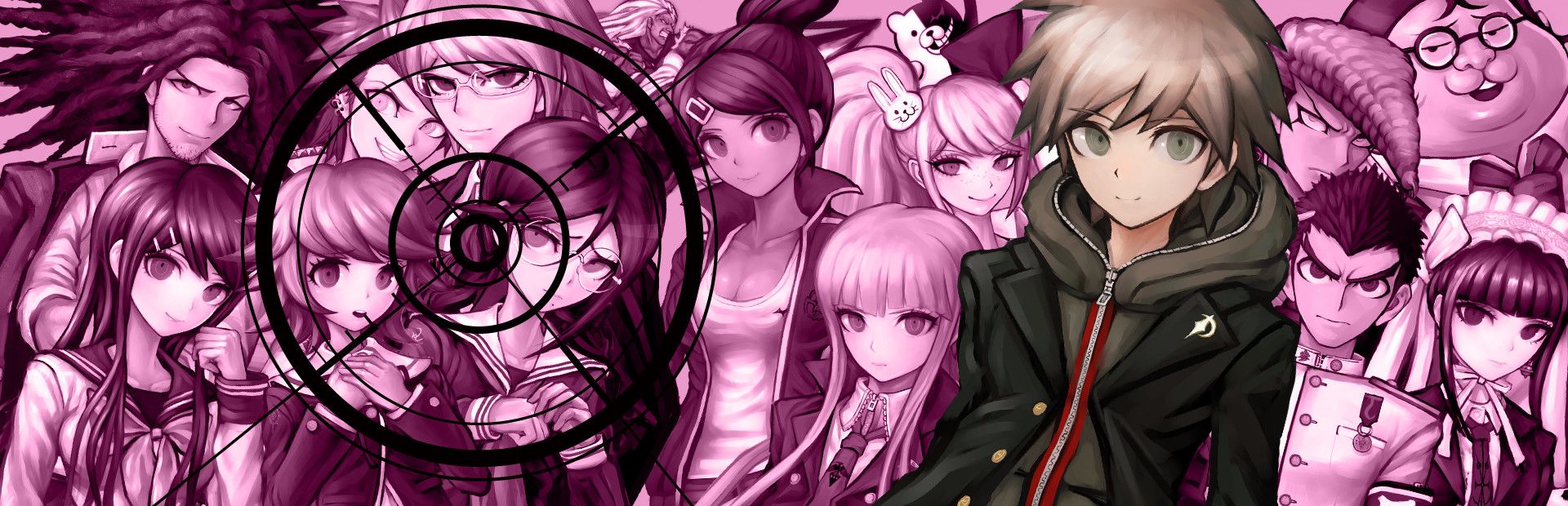 Official ArtworkMakoto Naegi stands in color in front of a violet collage of his classmates, over which is a target.