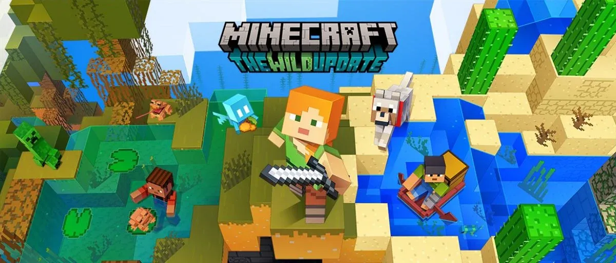 The title image of the Minecraft 1.19 Wild Update. It's a rendered image and not the ingame graphics. You can see a player n 