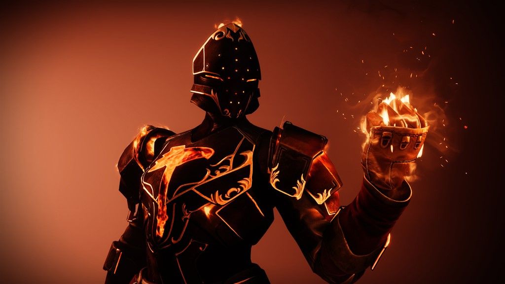 Character art for a Solar 3.0 Titan; a figure in dark armor with glowing orange highlights holds up a flaming fist.