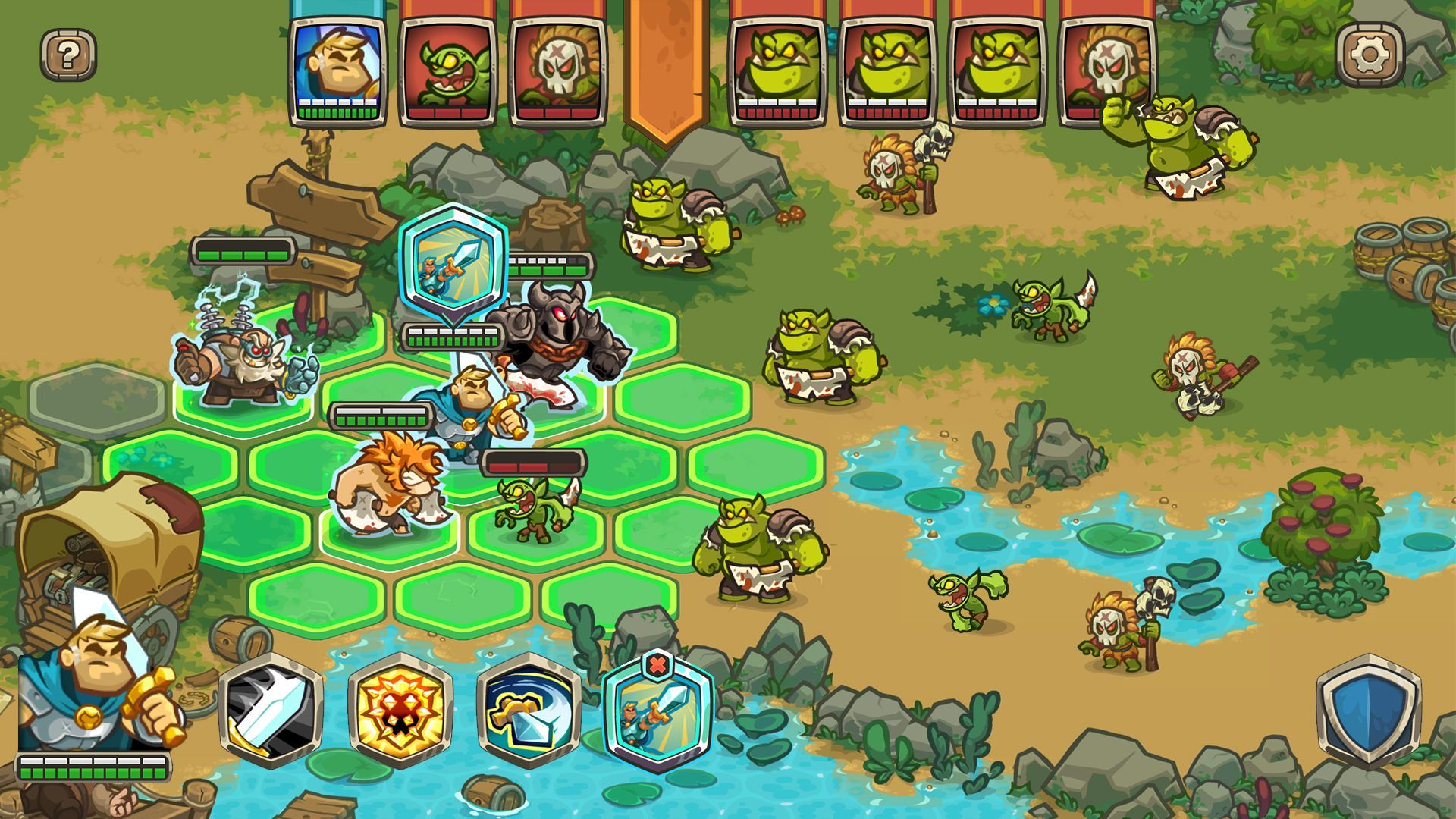 Screenshot from the game; a team of player heros advance on a group of goblin enemies.