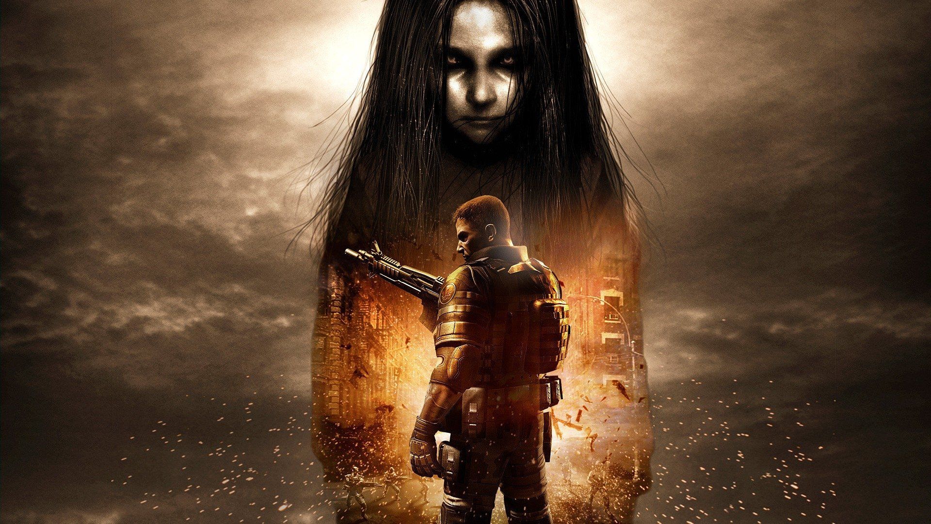 The player character stands in the centre holding a gun, superimposed over a larger image of a creepy little girl.