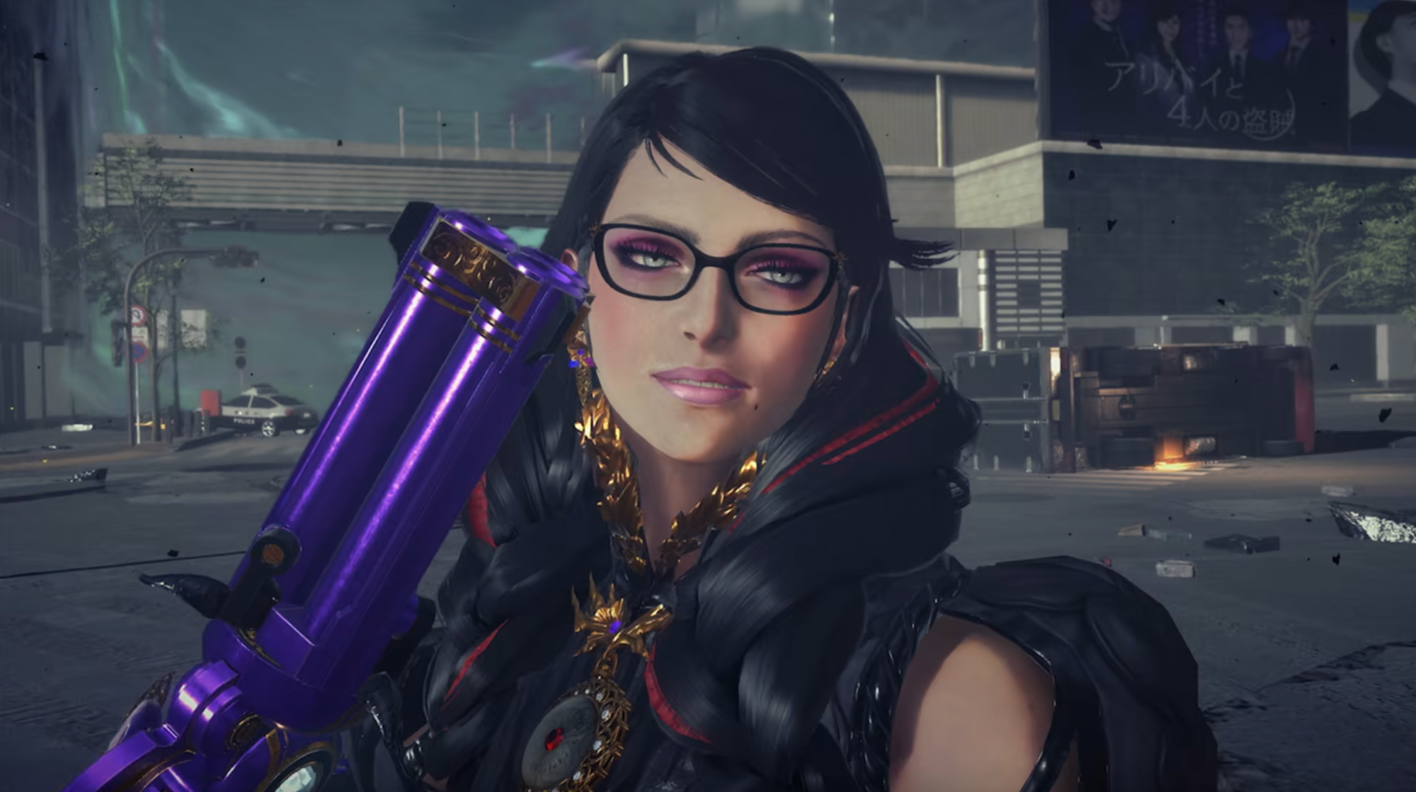 Titular character Bayonetta holding a purple double barrel gun.