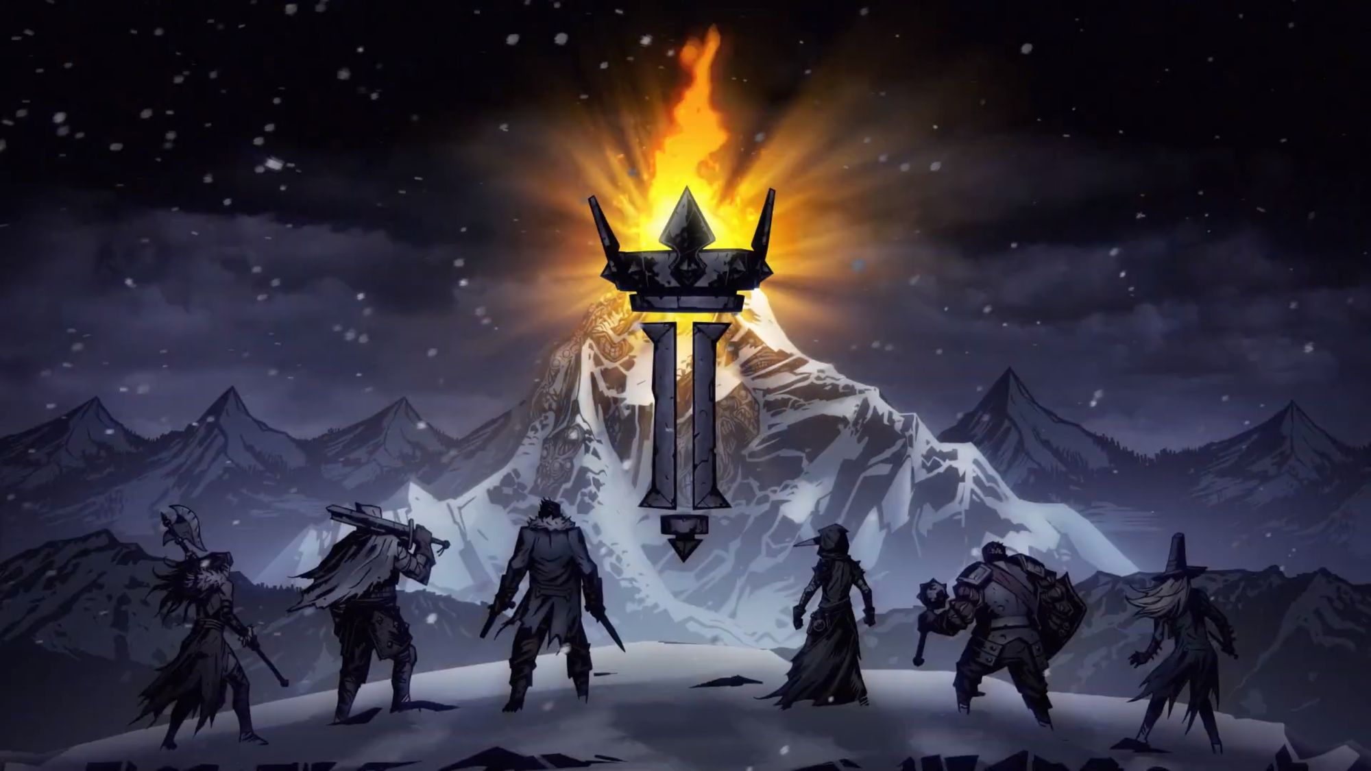 Artwork from The Darkest Dungeon II, depicting six characters approaching a torch on a snowy mountaintop.