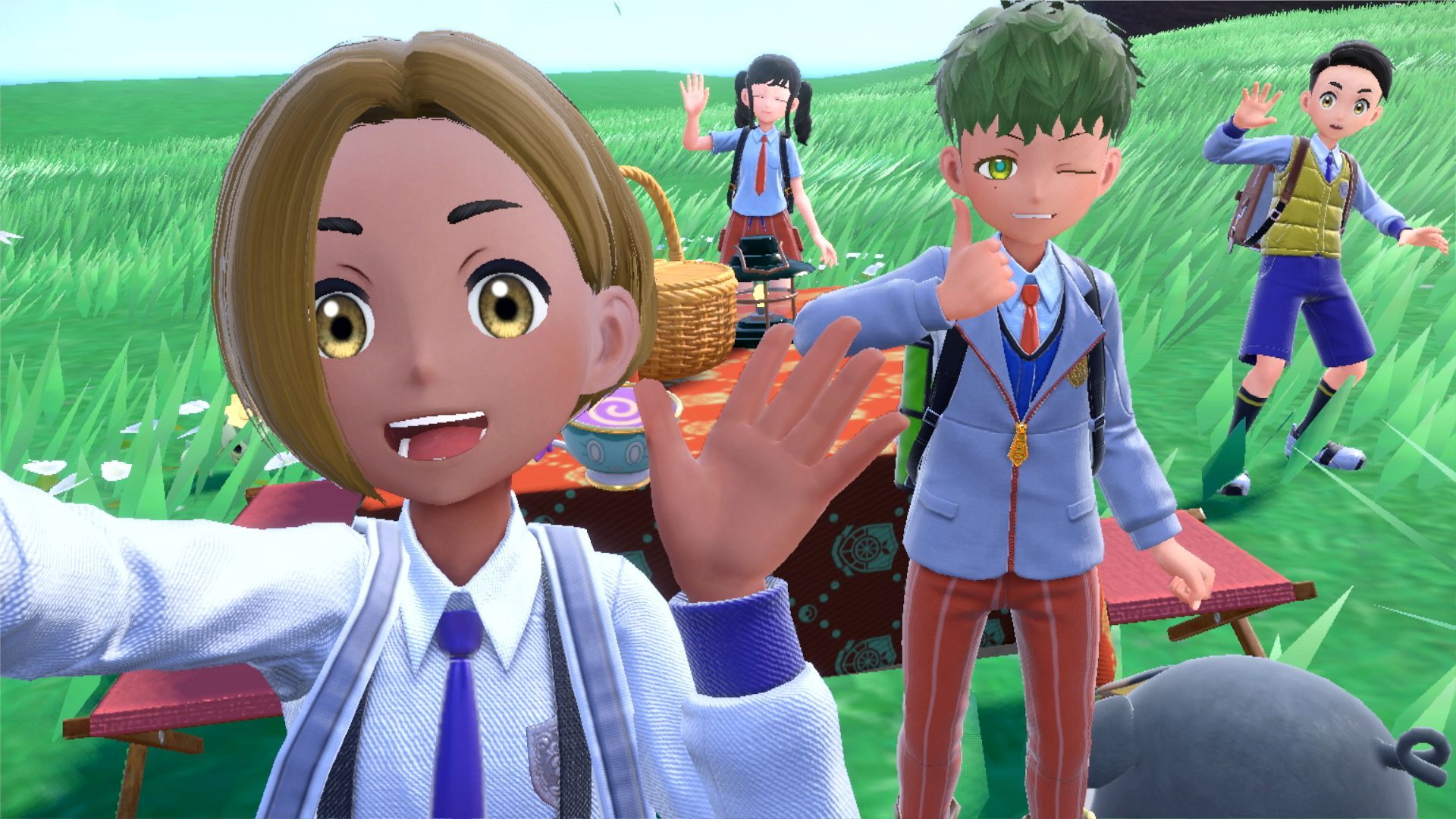 A girl Pokemon character waves at the camera as she takes a selfie. Other trainers pose in the background.