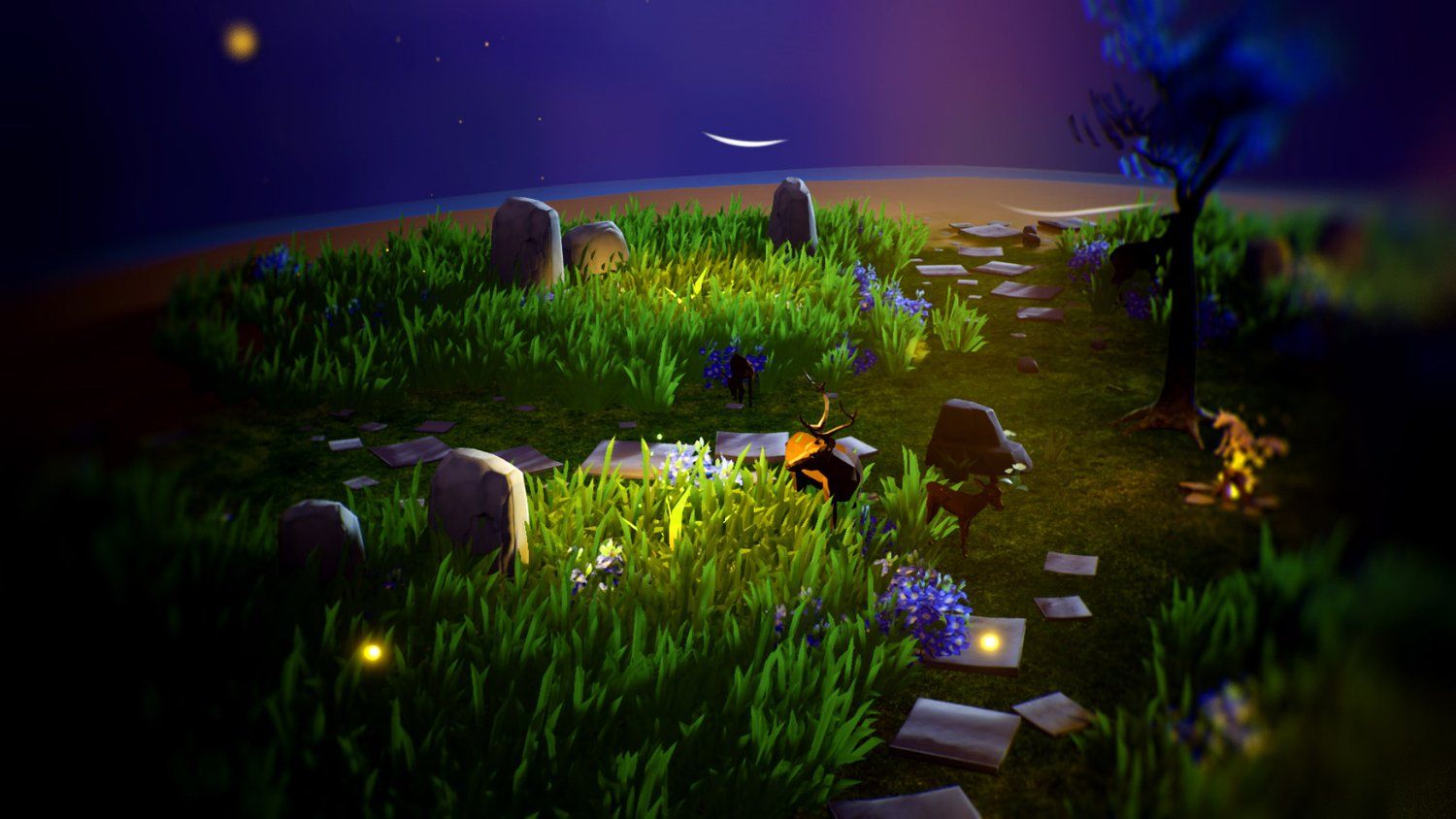 A screenshot from the game. A low-poly island at night, covered in long grass, blue-leaved trees, and small rocky paths.