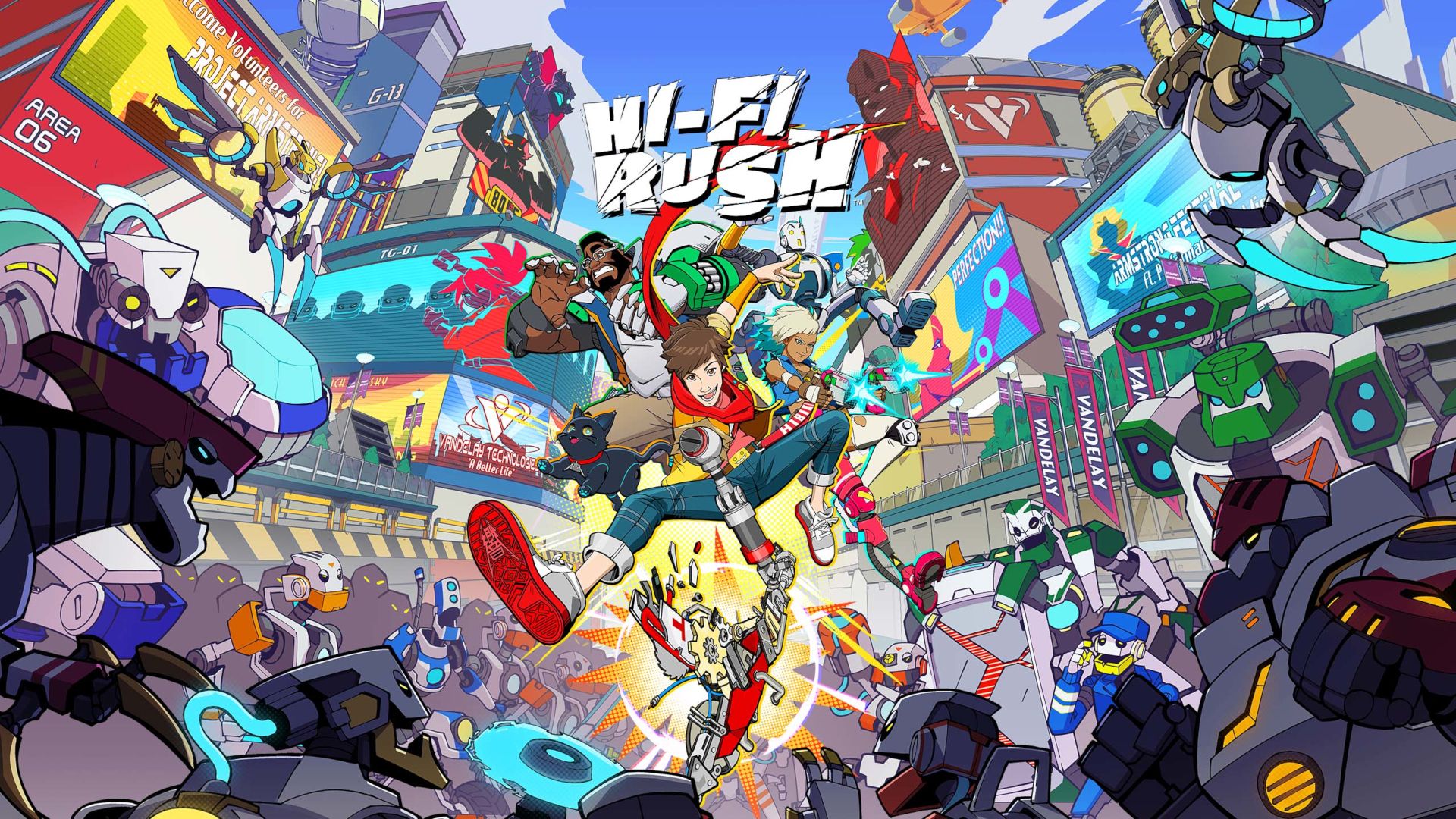 Cover art for Hi-Fi Rush. A stylized range of characters run through city streets crowded with robots.