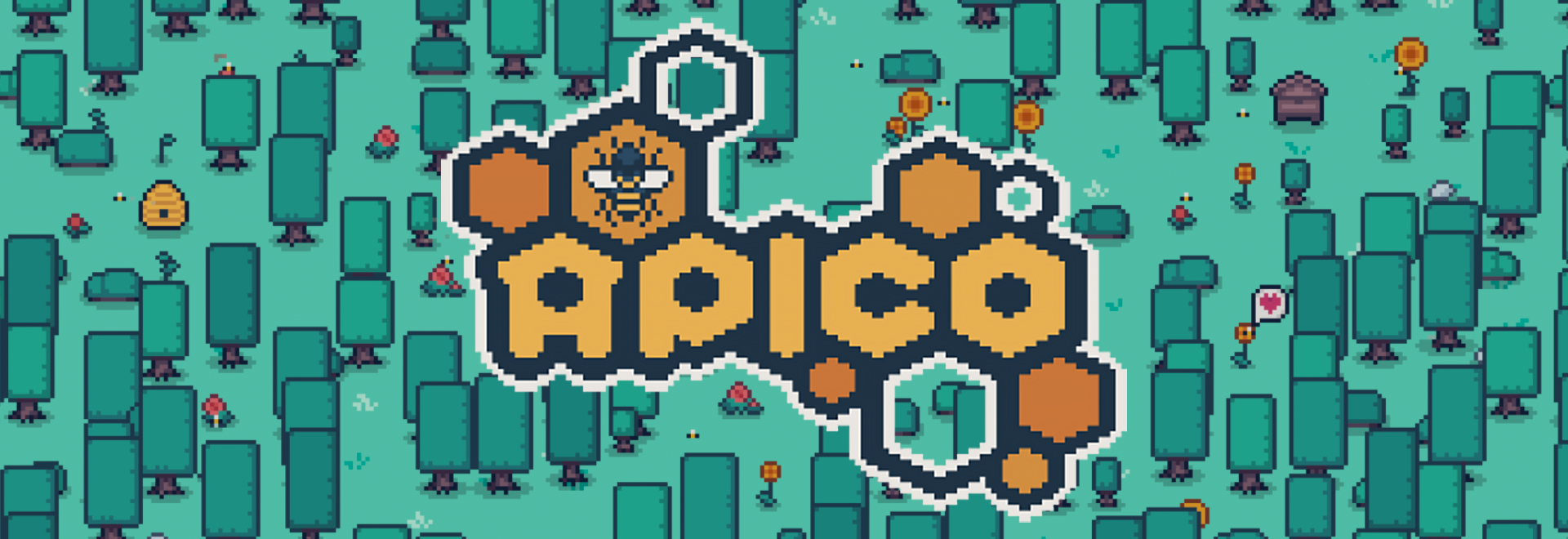 Cover art for Apico: a pixel art style depiction of a forest full of flowers with the honeycomb game logo.