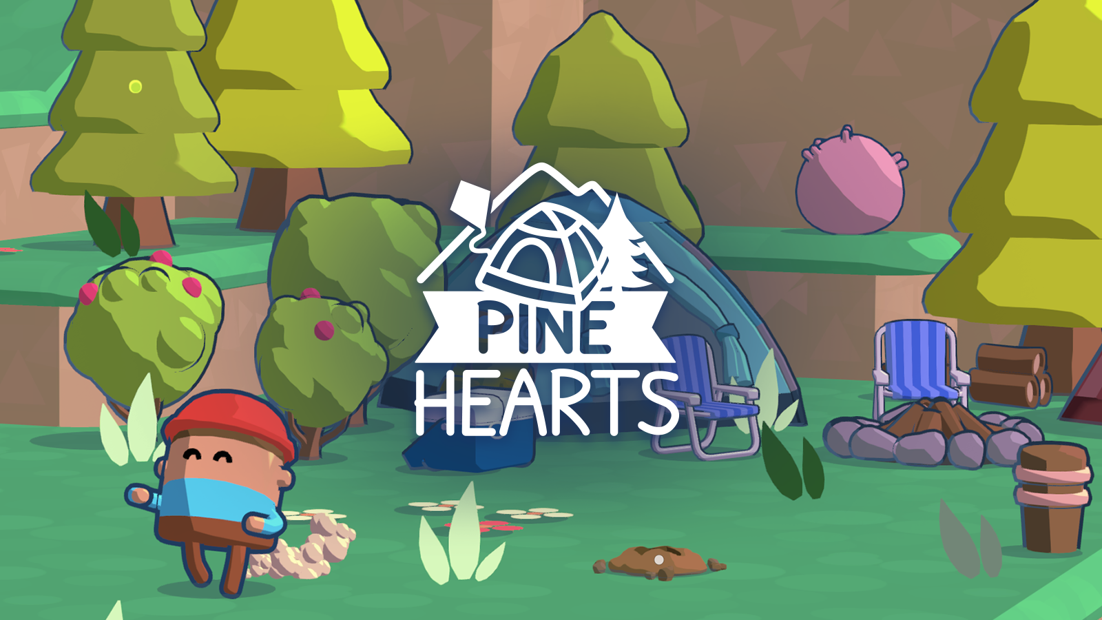 Pine Hearts cover art. A hiker runs through a lush green campsite. The style is cutesy and polygonal.