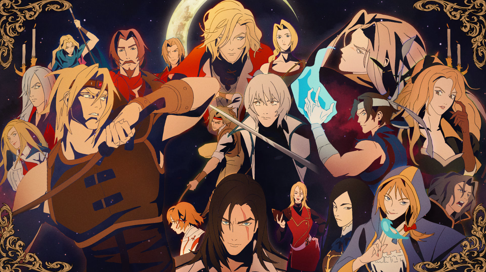 A lively cast of fantasy characters weilding various weapons.  stand before a crescent moon.