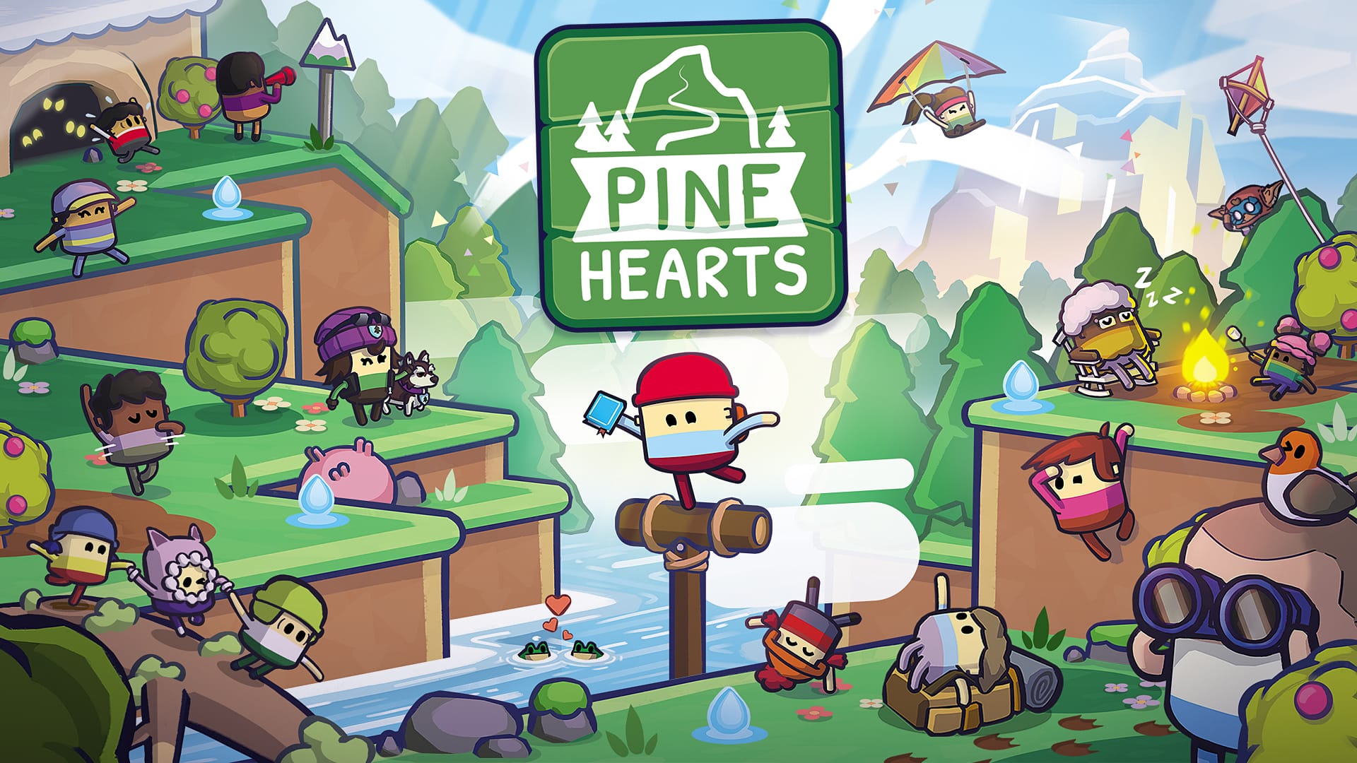 Title art for Pine Hearts; Tyke hops across a log crossing as the characters around him interact with the park.