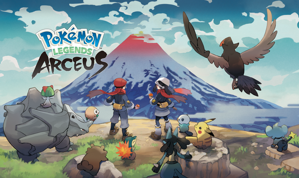 The cover art of Pokemon Legends: Arceus featuring the two player trainers and various Pokemon looking out over the landscap
