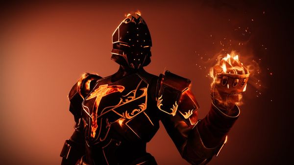 Character art for a Solar 3.0 Titan; a figure in dark armor with glowing orange highlights holds up a flaming fist.