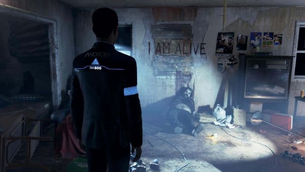 Screenshot from the game. Connor walks in on a dead body, above which is scrawled, "I am alive."