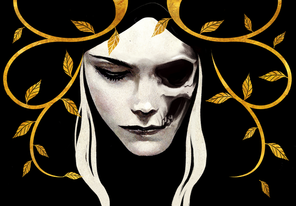 AI Generated Image: A white image of a woman's face surrounded by golden vines.