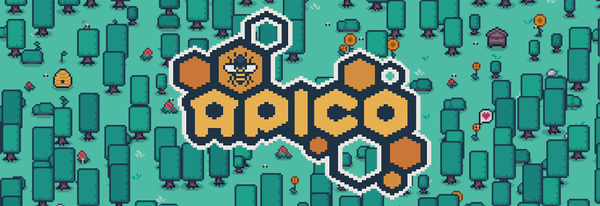 Cover art for Apico: a pixel art style depiction of a forest full of flowers with the honeycomb game logo.