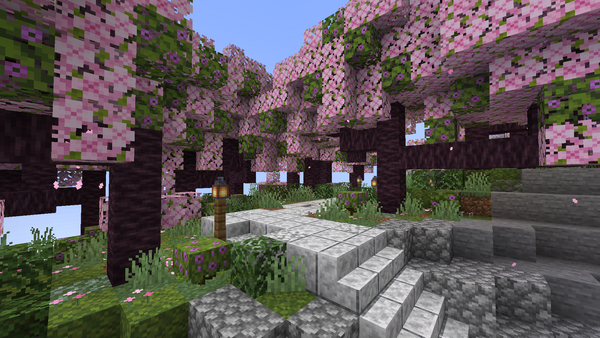 我建造的小型定制櫻桃樹環境的屏幕截圖。您可以看到一些帶有粉紅色葉子的櫻桃樹和一些綠色的杜鵑花葉混合了它，一條diorite路徑和地面葉子。