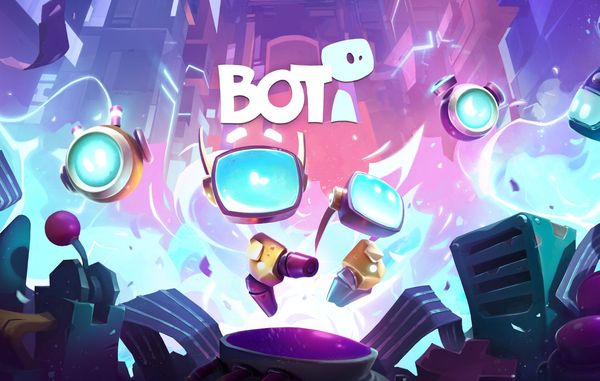 Cover art for Boti: several small robots jump through brightly-colored factory settings.
